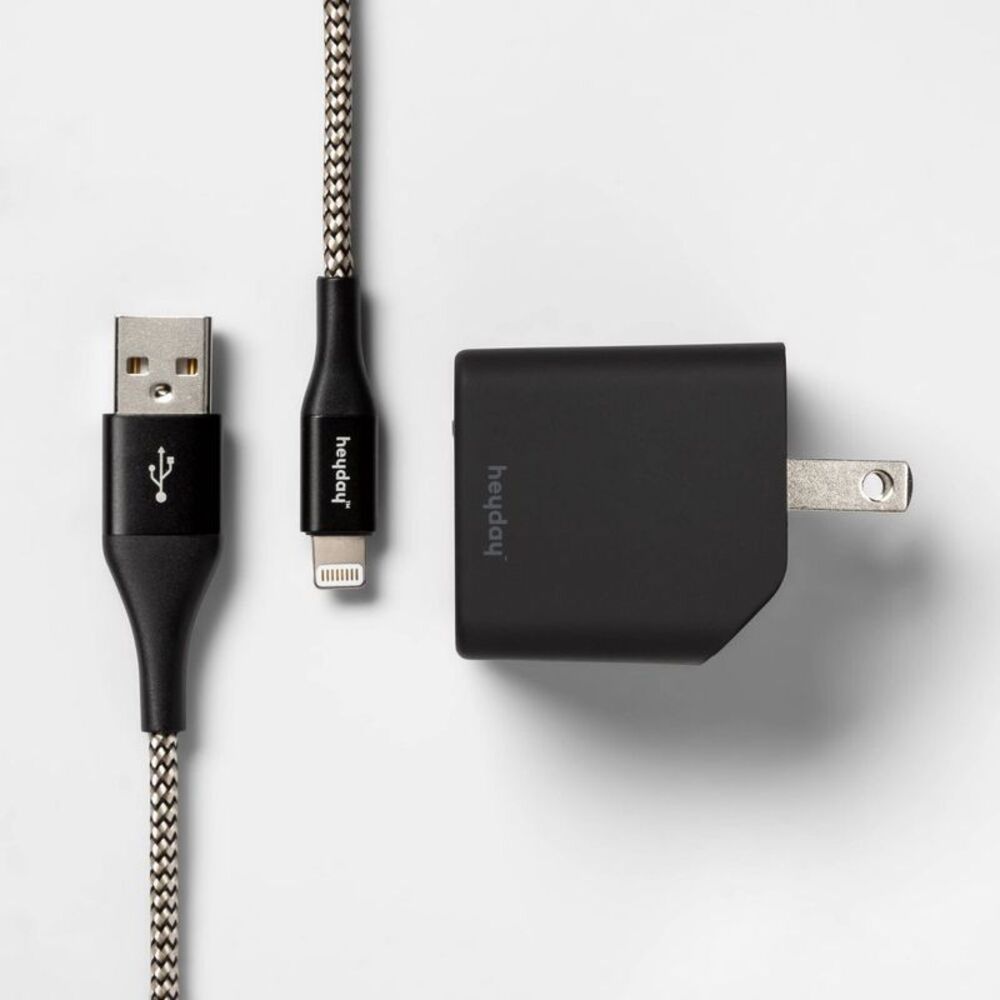 Open Box - Heyday - 2-Port Wall Charger USB-C & 5W USB-A 6' Black/Gold